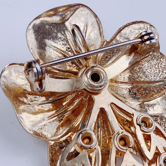 VTG 1940s Brooch Gold Tone Blue Rhinestone Layered Floral Spray Mid Century - Picture 8 of 10